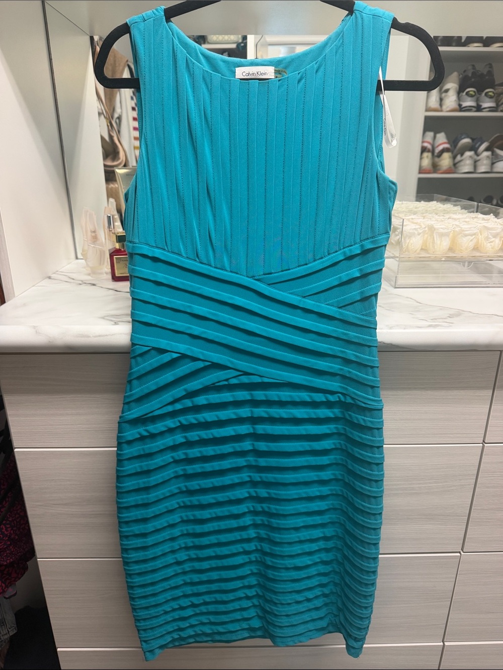 Calvin Klein Sleeveless Teal Pleated Sheath Dress
